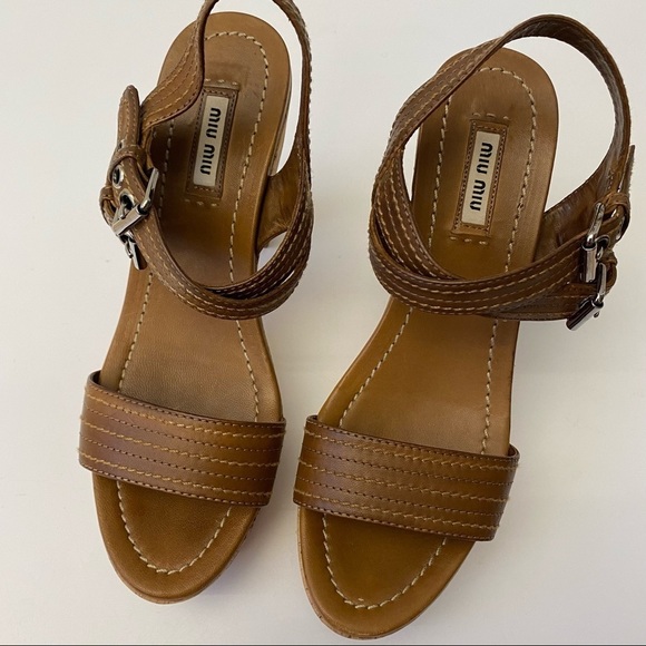 Miu Miu || Double Ankle Buckle Open Toe Cork Block Heel Platform Sandal 38.5 - Picture 3 of 9